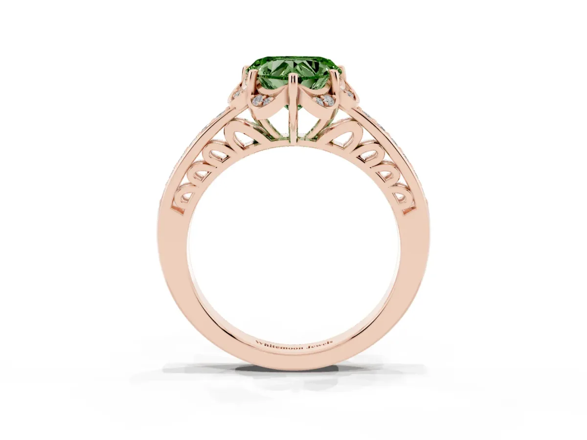 Fancy Green Heart Cut Cut Halo Diamond Ring with Channel Set Band and Four-Prong Setting Rose gold