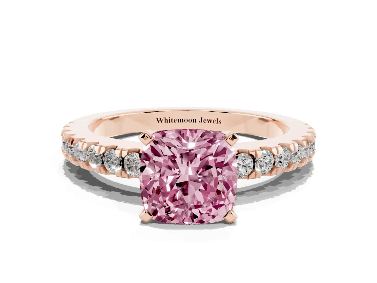 Fancy Pink Cushion Cut Solitaire Diamond with Pavé Band and Four-Prong Setting Rose gold