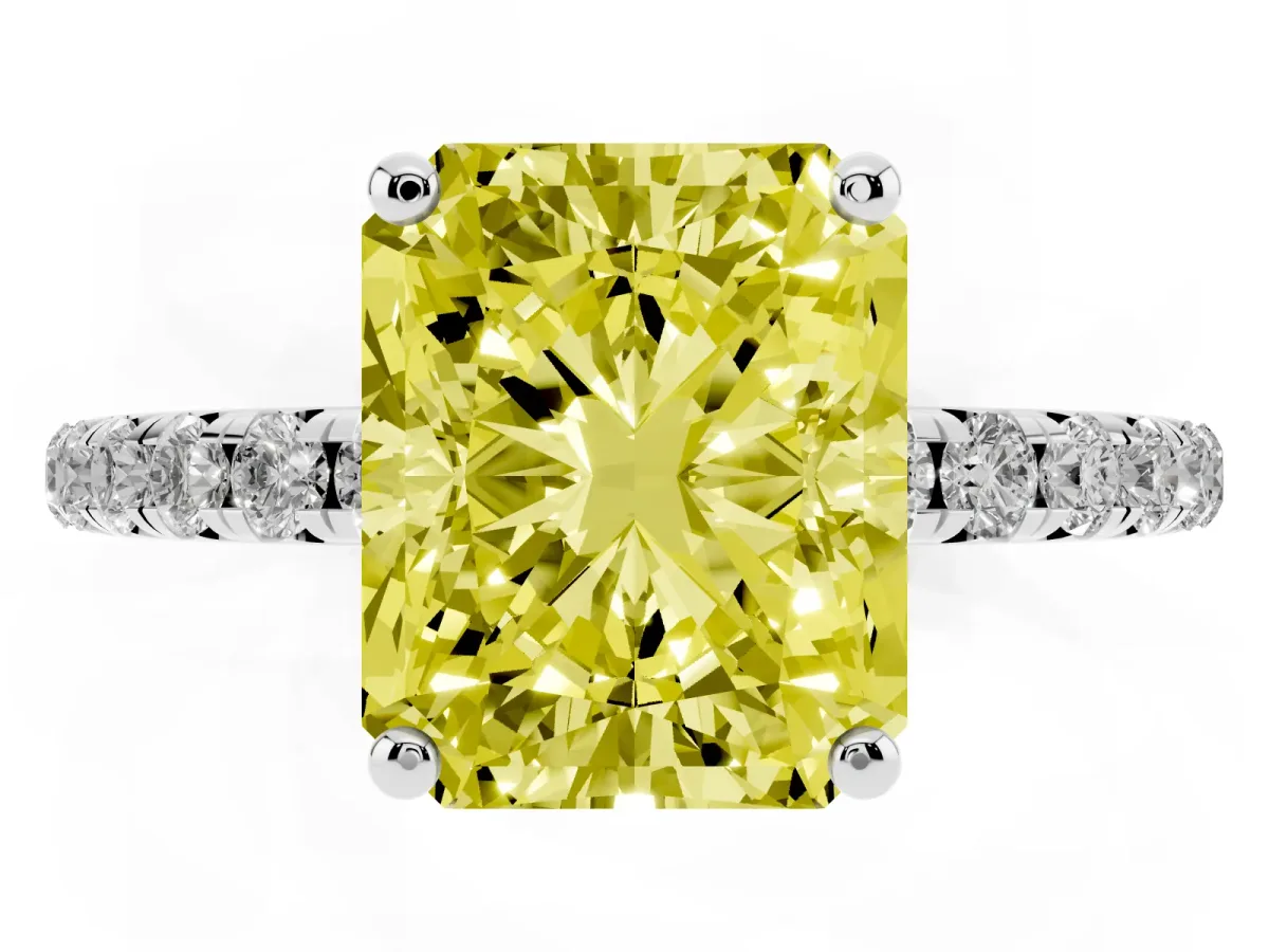 Fancy Yellow Radiant Cut Cut Diamond Solitaire Ring with Micro Pave Band and Four Prong Setting Silver