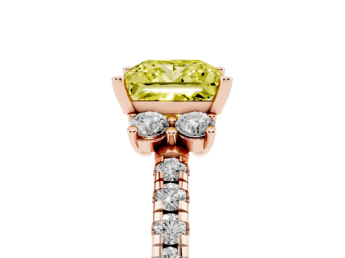 Fancy Yellow Princess Cut Diamond Three-Stone Pave Band with Four-Prong Setting Rose gold