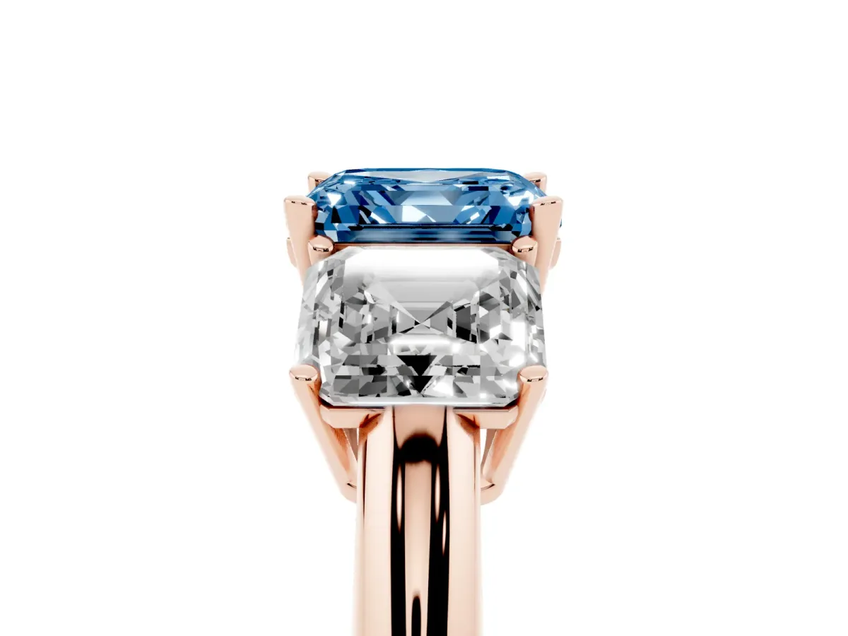 Fancy Blue Three-Stone Asscher Cut Cut Diamond Engagement Ring with Prong Setting on a White Gold Band Rose gold