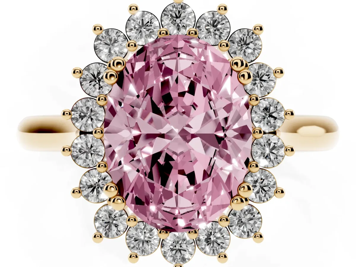 Fancy Pink Oval Cut Cut Diamond Halo Ring with Solitaire Band and Prong Setting Yellow gold