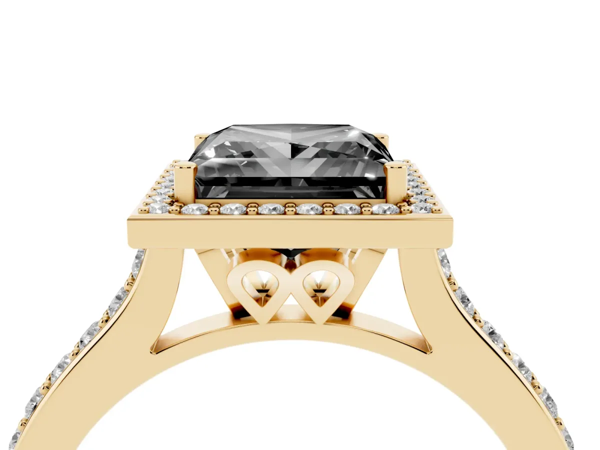 Fancy Black Princess Cut Diamond Halo Engagement Ring with Round Pavé Shoulders and Prong Setting Yellow gold