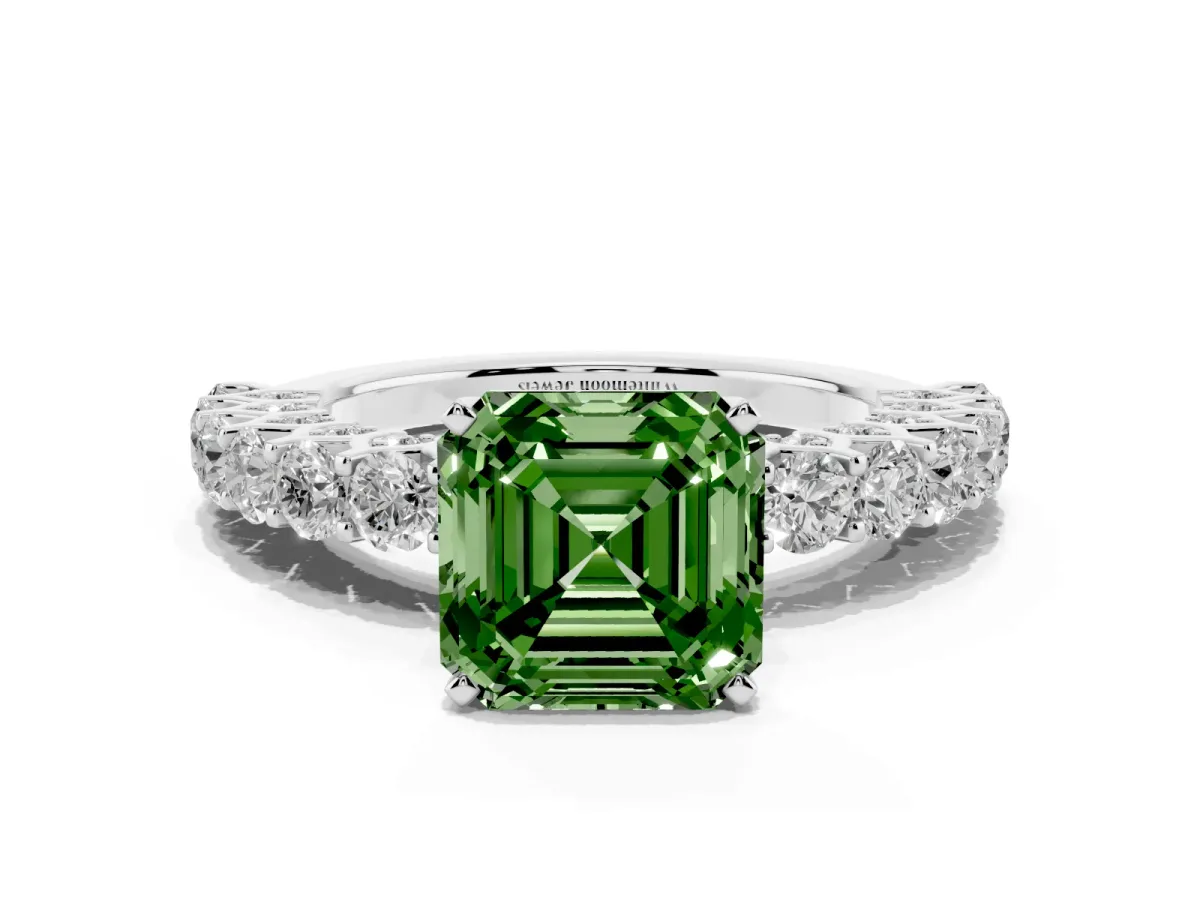 Fancy Green Asscher Cut Diamond Solitaire Ring with Shared Prong Pavé Band and Four-Prong Setting Silver