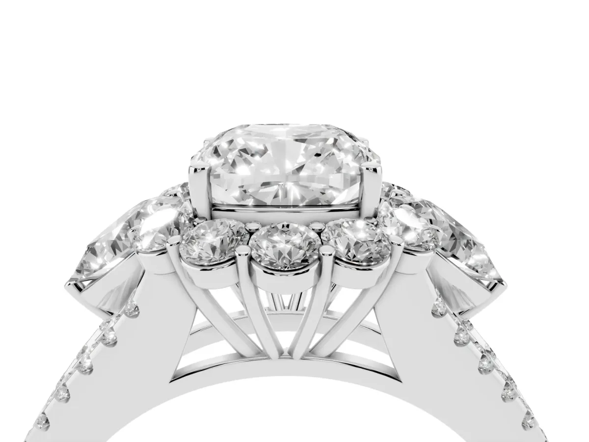 Cushion Cut Halo Split Shank Diamond Engagement Ring with Prong Setting Platinum