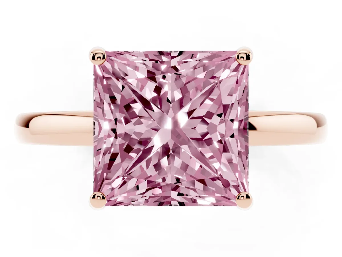 Fancy Pink Princess Cut Solitaire Diamond Ring with Prong Setting and Plain Band Rose gold