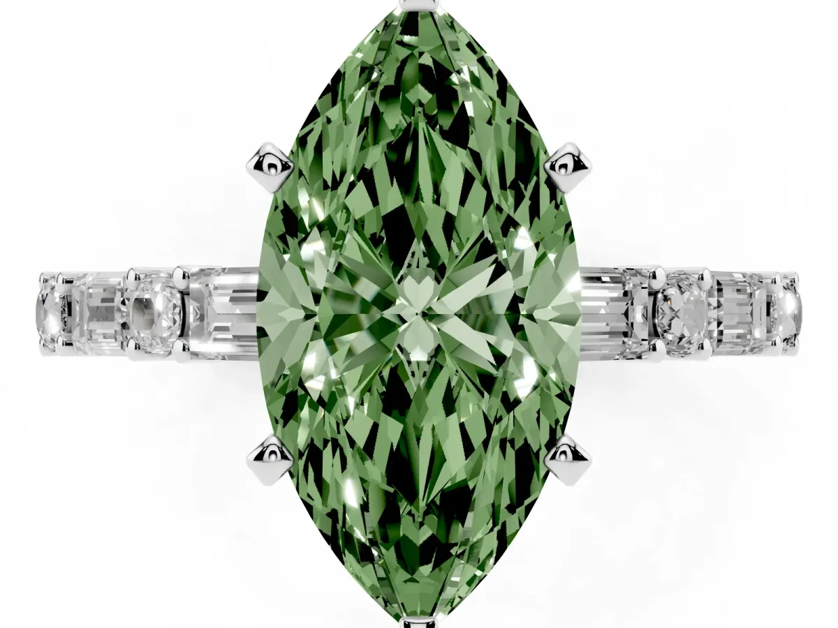 Fancy Green Marquise Cut Diamond Solitaire with Side Baguettes and Channel Set Band Platinum