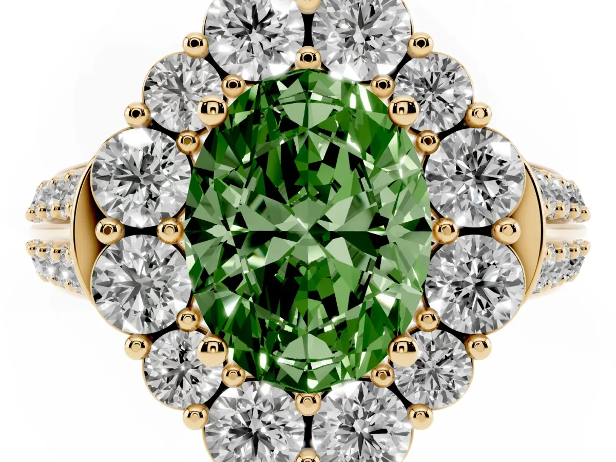 Fancy Green Oval Cut Halo Diamond Engagement Ring with Split Shank and Prong Setting Yellow gold