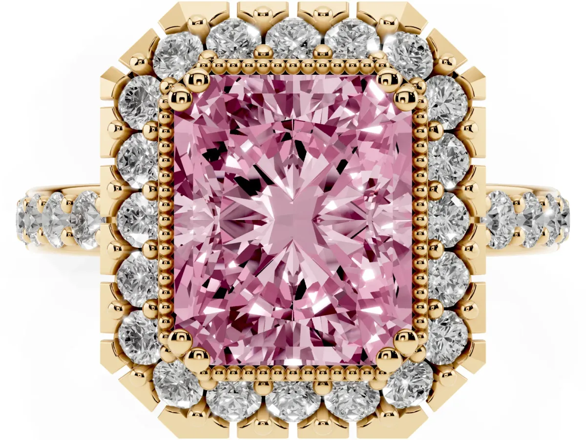 Fancy Pink Radiant Cut Diamond Halo Ring with Pavé Band and Prong Setting Yellow gold