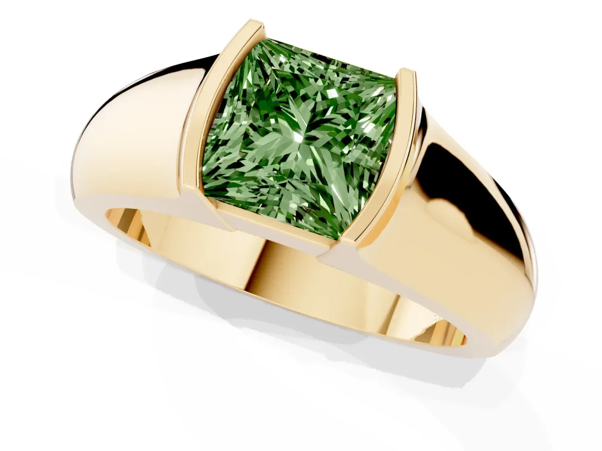 Fancy Green Princess Cut Solitaire Bezel Set Diamond Ring with Wide Band Yellow gold