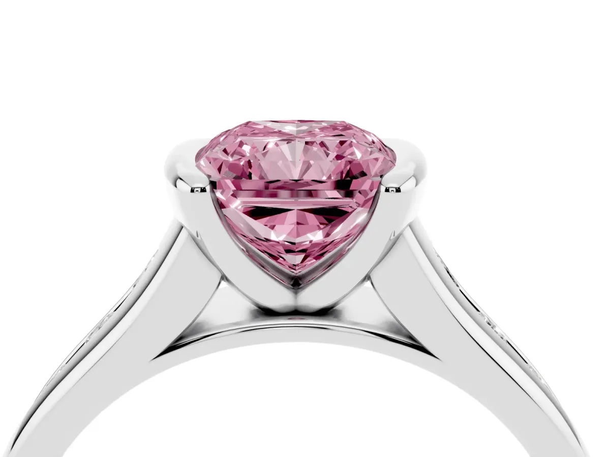 Fancy Pink Radiant Cut Solitaire Bezel-Set Diamond Ring with Channel-Set Band Silver