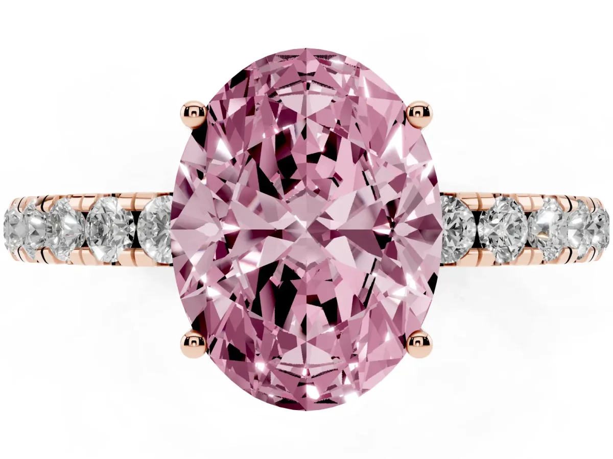Fancy Pink Oval Cut Diamond Pavé Solitaire Engagement Ring with Four-Prong Setting Rose gold