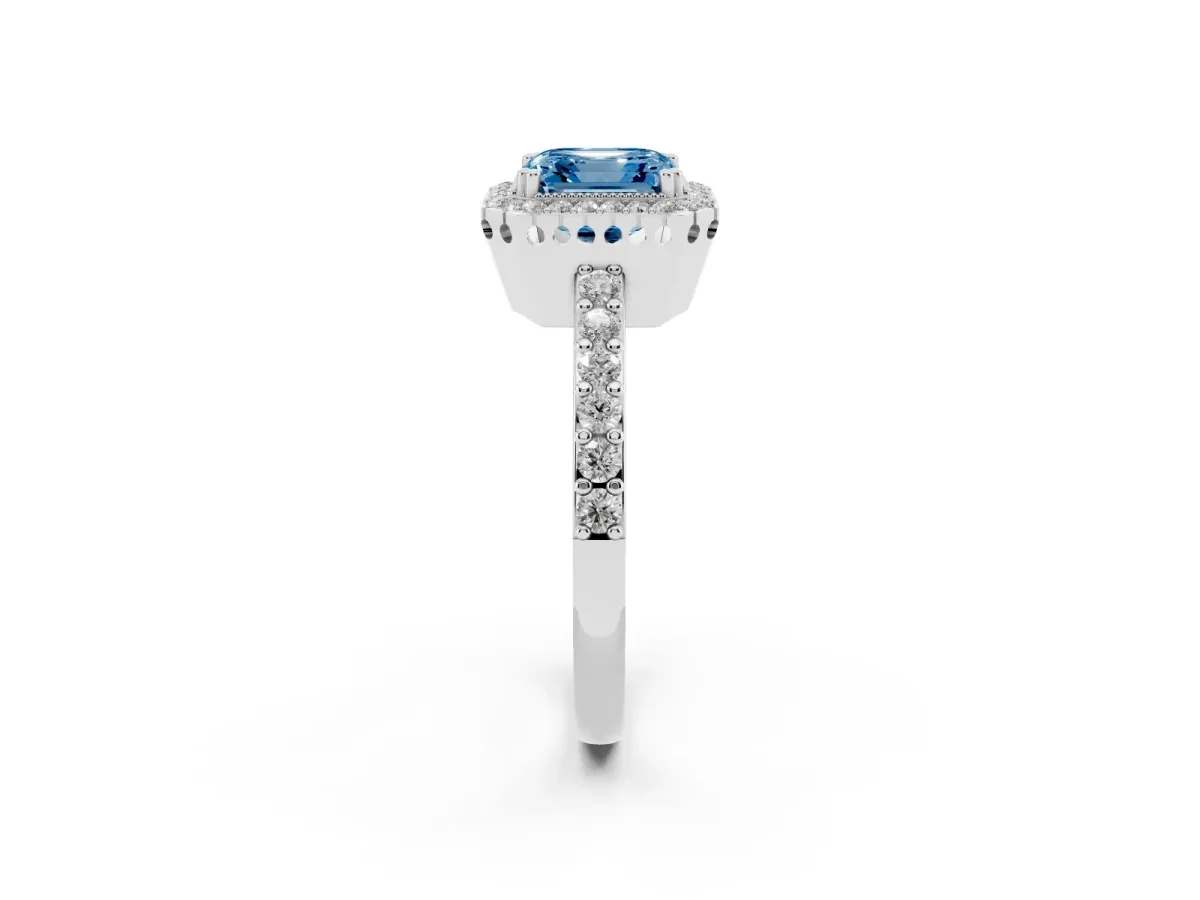 Fancy Blue Asscher Cut Cut Diamond Halo Engagement Ring with Milgrain Detail and Pavé Band White gold