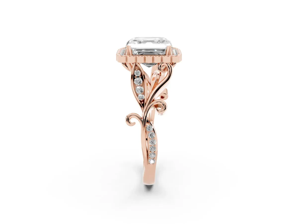 Asscher Cut Diamond Halo Ring with Vintage Split Shank and Four-Prong Setting Rose gold