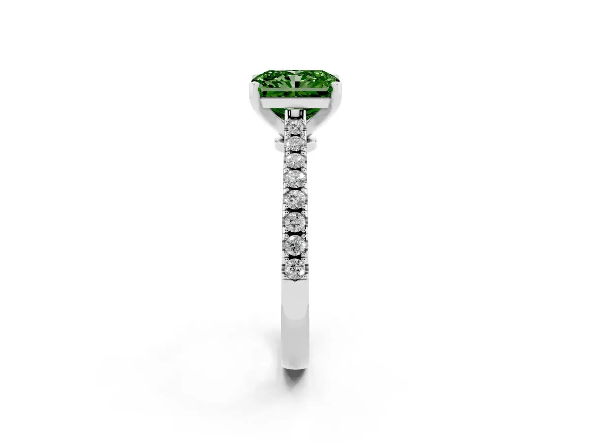 Fancy Green Radiant Cut Cut Solitaire Diamond Engagement Ring with Pave Band and Four-Prong Setting Platinum