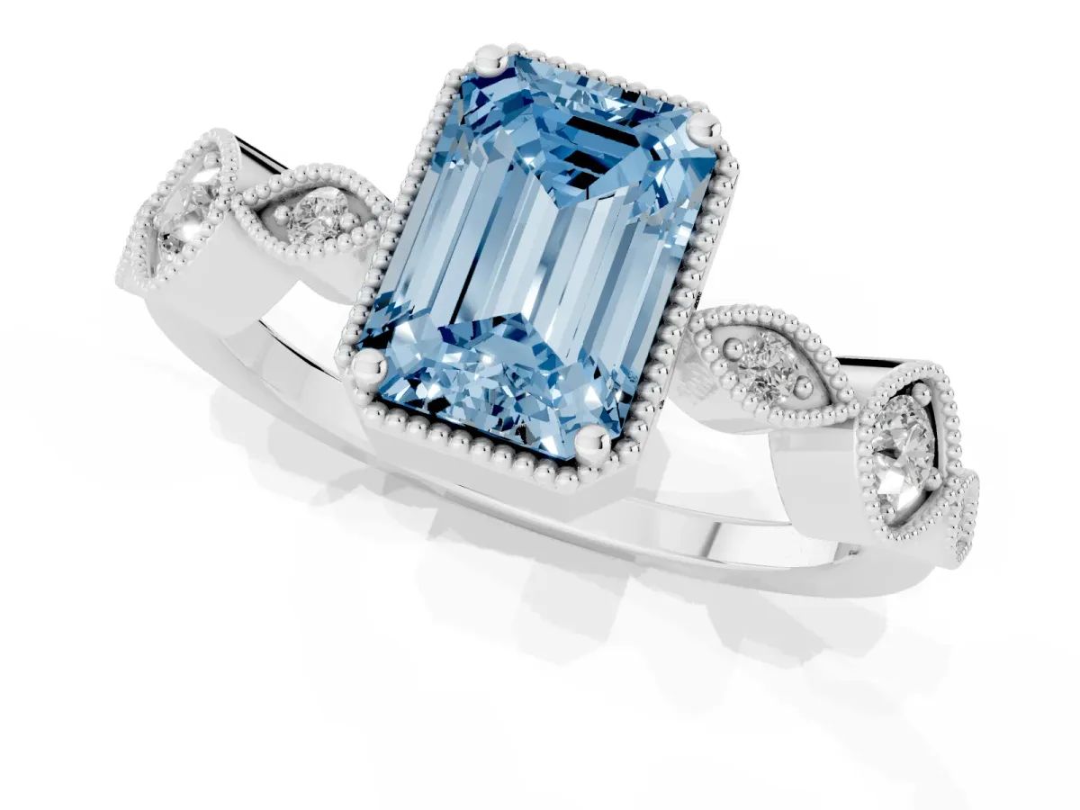 Fancy Blue Emerald Cut Diamond Vintage Milgrain Ring with Round Stations Platinum