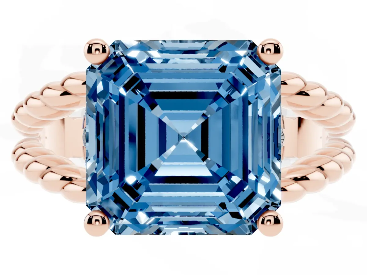 Fancy Blue Asscher Cut Halo Twisted Band Four-Prong Ring Rose gold