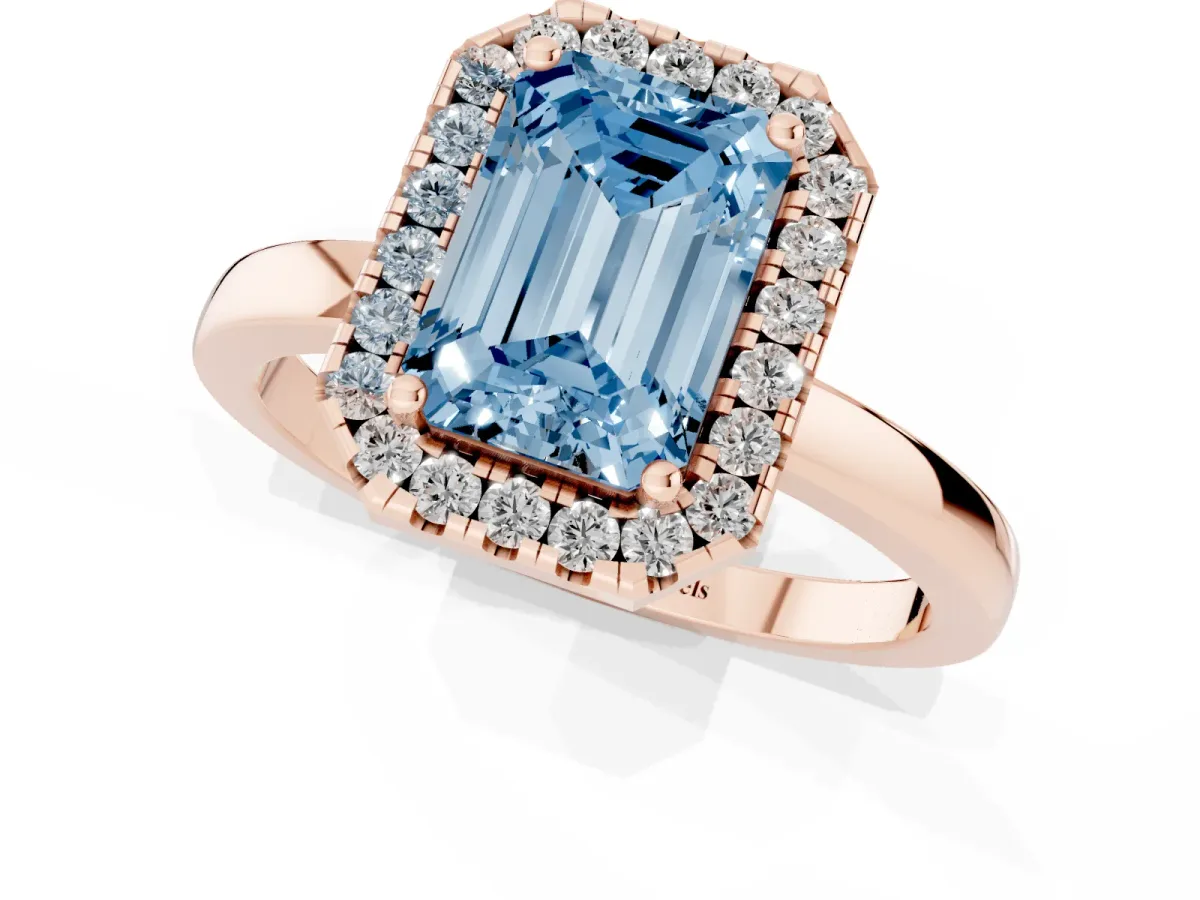 Fancy Blue Emerald Cut Halo Diamond Solitaire with Pavé Band and Four-Prong Setting Rose gold