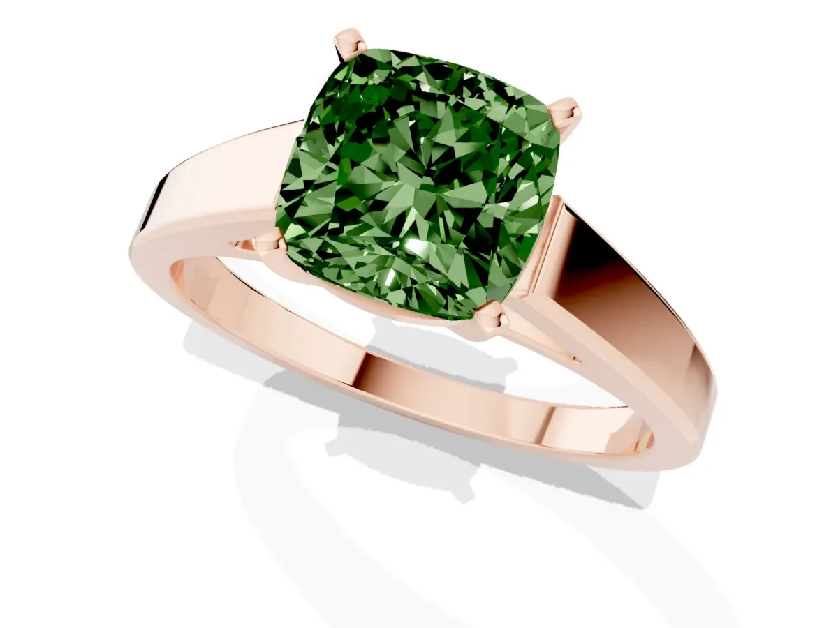 Fancy Green Cushion Cut Solitaire Engagement Ring with Four-Prong Setting and Tapered Band Rose gold