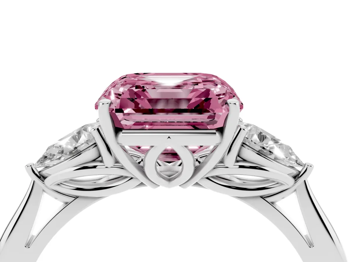 Fancy Pink Three-Stone Asscher Cut Diamond Ring with Pear Side Stones in Four-Prong Setting Silver