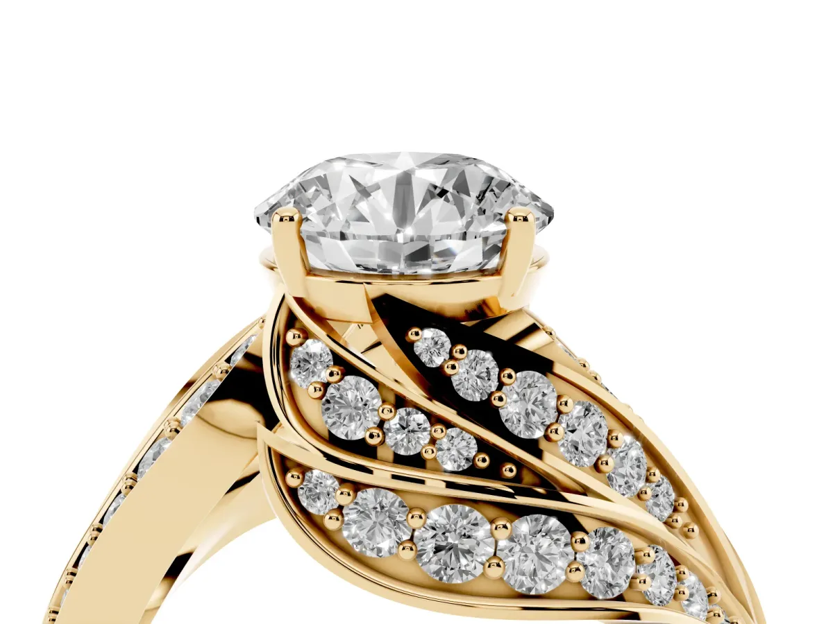 Round Cut Diamond Solitaire Ring with Prong Setting and Twisted Pavé Band Yellow gold