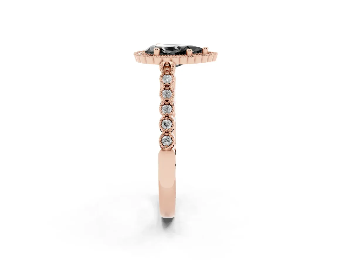 Fancy Black Pear Cut Cut Halo Pavé Solitaire Ring with Milgrain Band Rose gold
