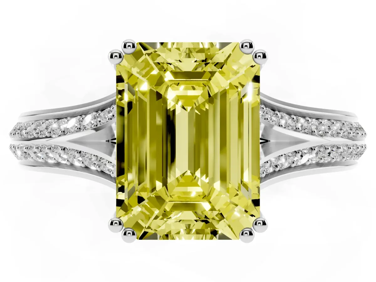Fancy Yellow Emerald Cut Diamond Split Shank Engagement Ring with Pavé Band Silver