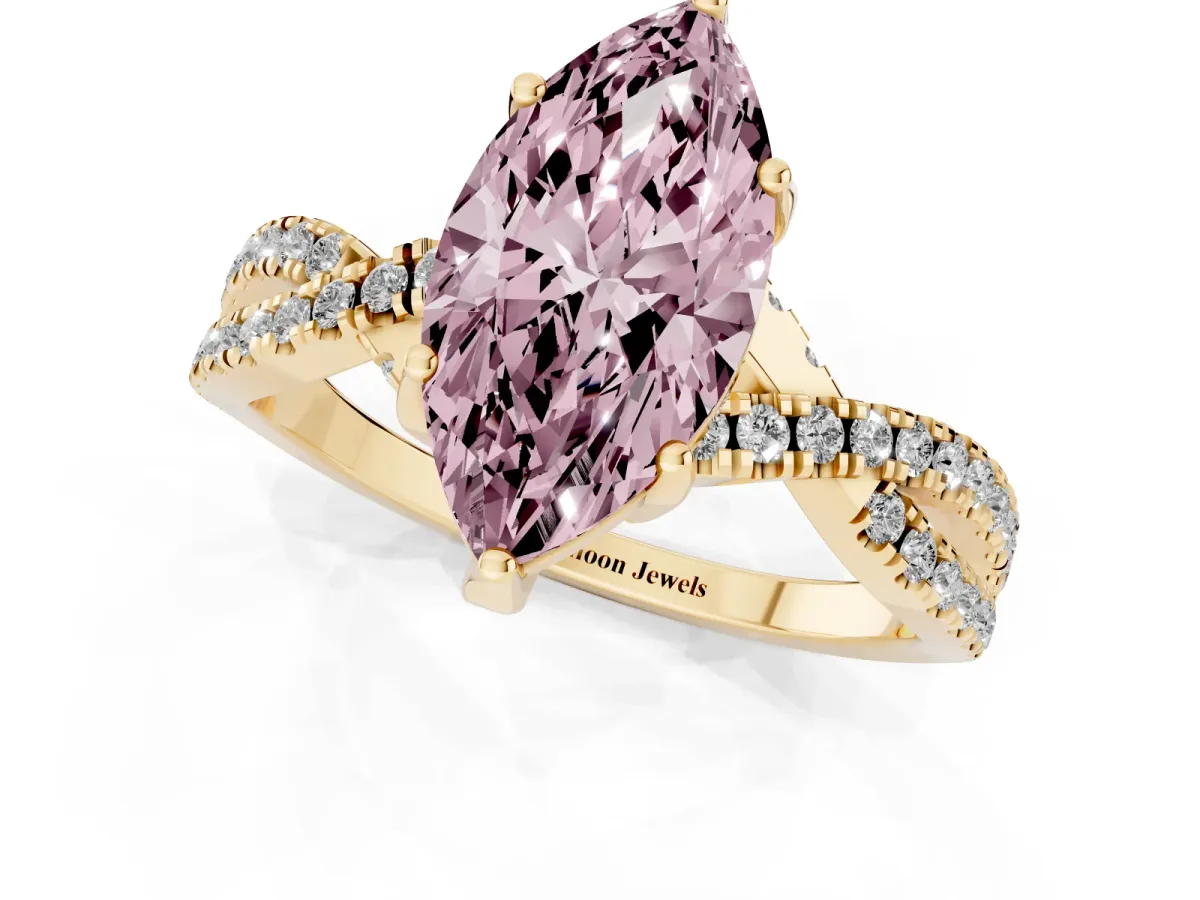 Fancy Pink Marquise Cut Solitaire Twist Pave Diamond Engagement Ring with Prong Setting Yellow gold