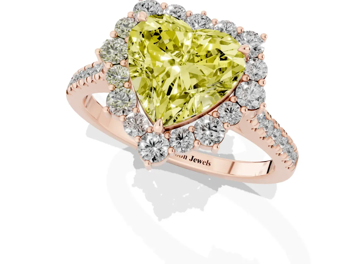 Fancy Yellow Heart Cut Halo Diamond Ring with Pavé Band and Prong Setting Rose gold