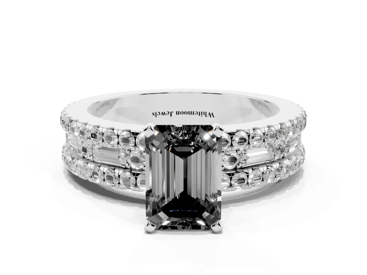 Fancy Black Emerald Cut Diamond Solitaire Ring with Pavé and Channel Set Band Silver