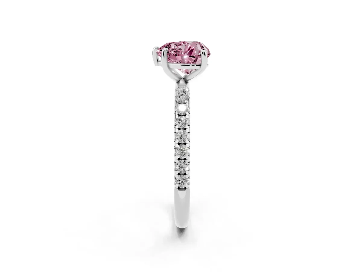 Fancy Pink Heart Cut Cut Diamond Solitaire Ring with Micro Pave Band and Four Prong Setting Platinum