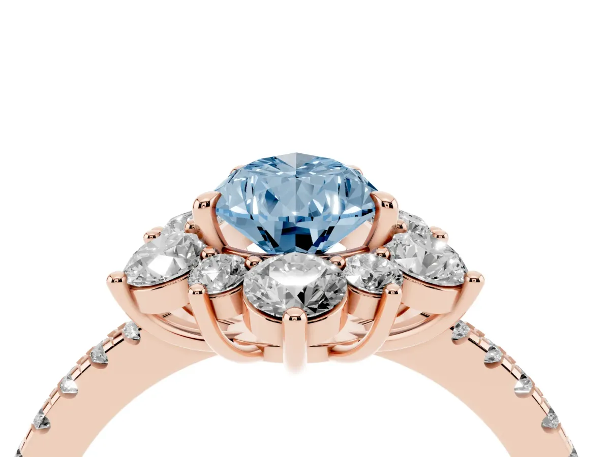Fancy Blue Pear Cut Diamond Floral Halo Ring with Round Pavé Band and Prong Setting Rose gold