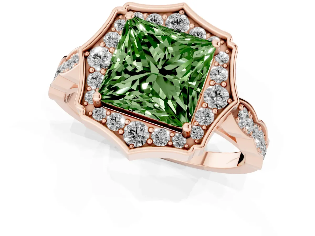 Fancy Green Princess Cut Halo Diamond Engagement Ring with Milgrain Band and Four-Prong Setting Rose gold