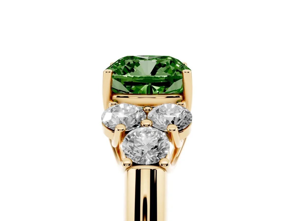 Fancy Green Cushion Cut Cut Diamond Cluster Ring with Round Accent Stones and Prong Setting on a Classic Band Yellow gold
