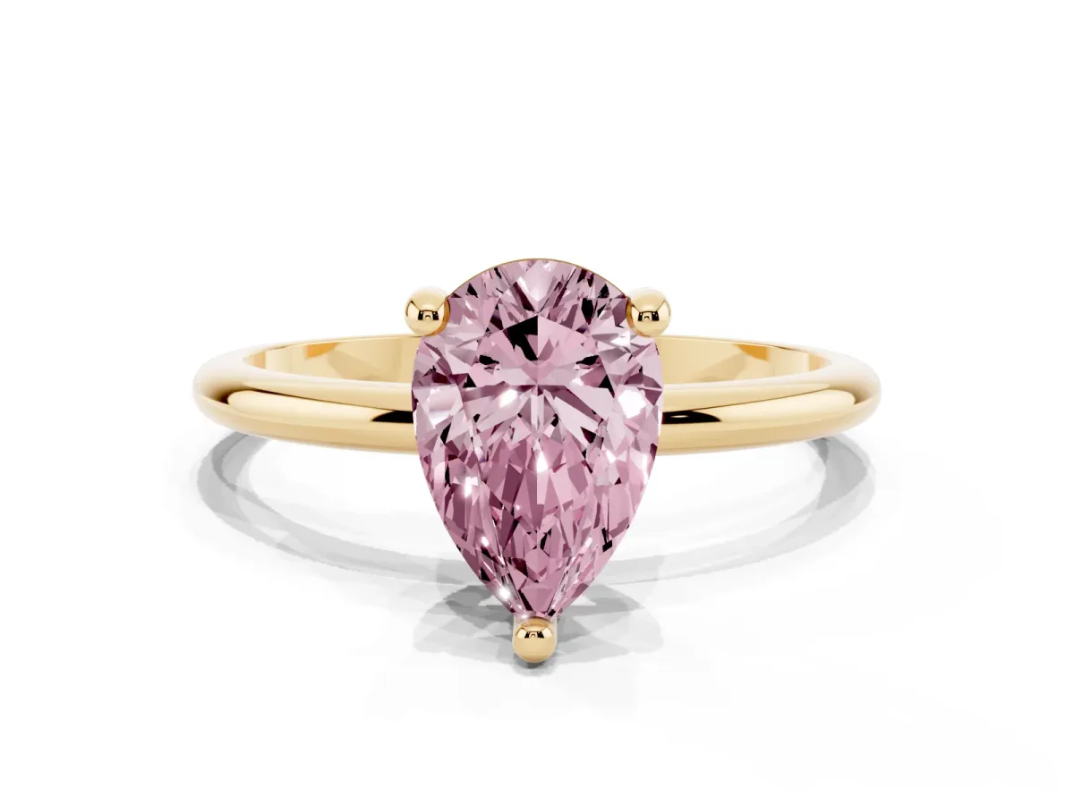 Fancy Pink Pear Cut Solitaire Diamond Ring with 4-Prong Setting on a Classic Band Yellow gold