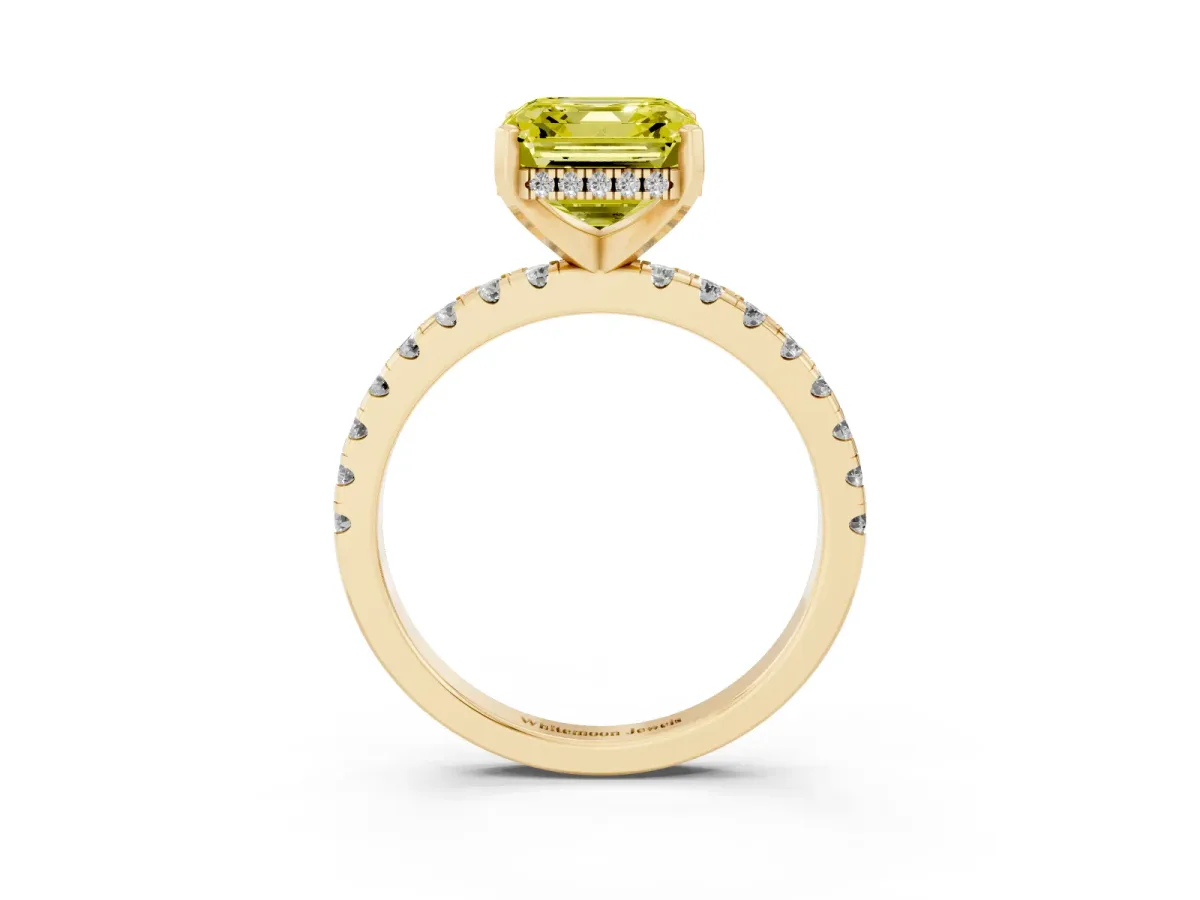 Fancy Yellow Asscher Cut Diamond Solitaire Ring with Round Pavé Band and Four-Prong Setting Yellow gold