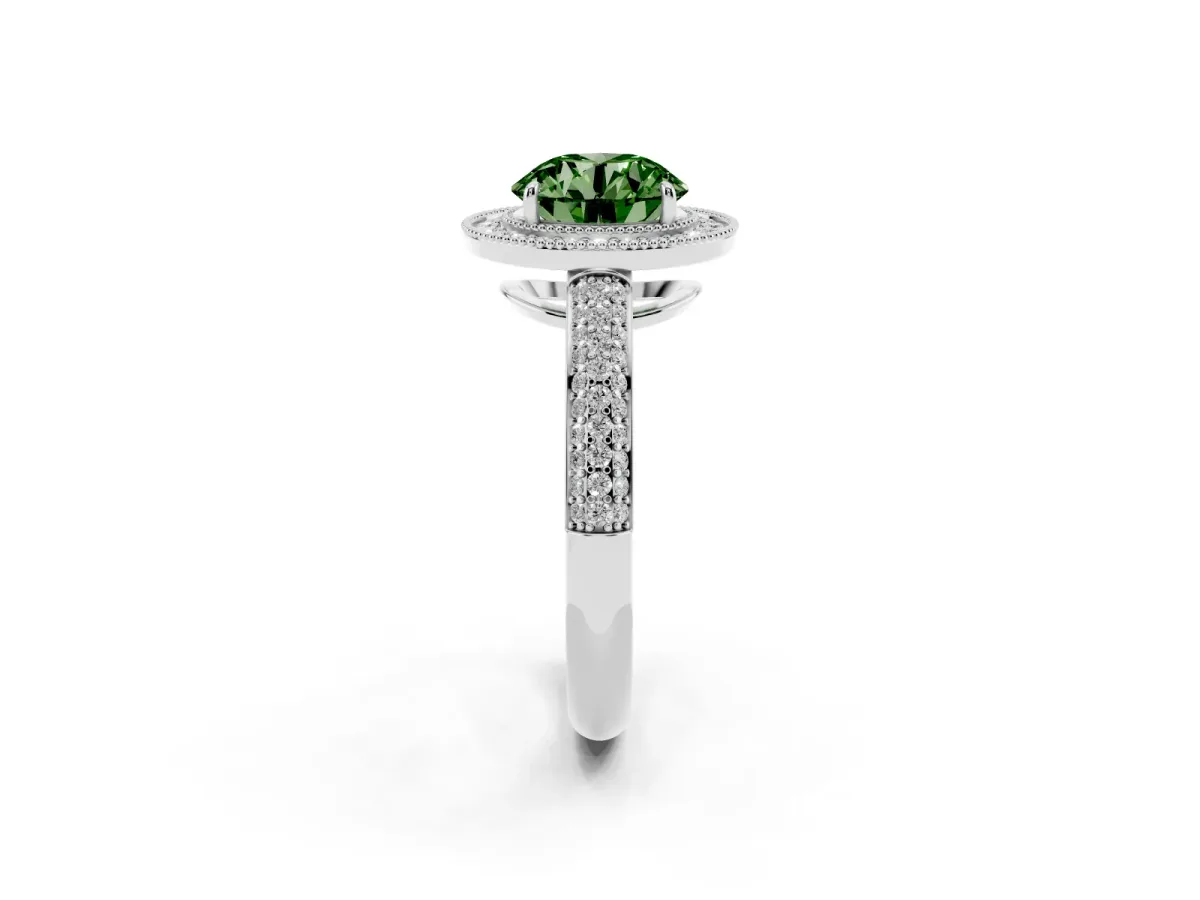 Fancy Green Round Cut Cut Halo Diamond Pave Band with Four-Prong Setting Platinum