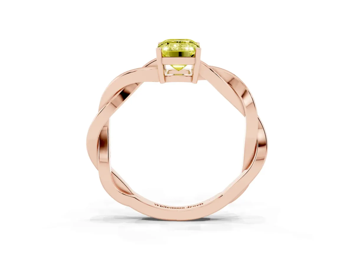 Fancy Yellow Emerald Cut Solitaire Twisted Pave Diamond Ring with Four-Prong Setting Rose gold