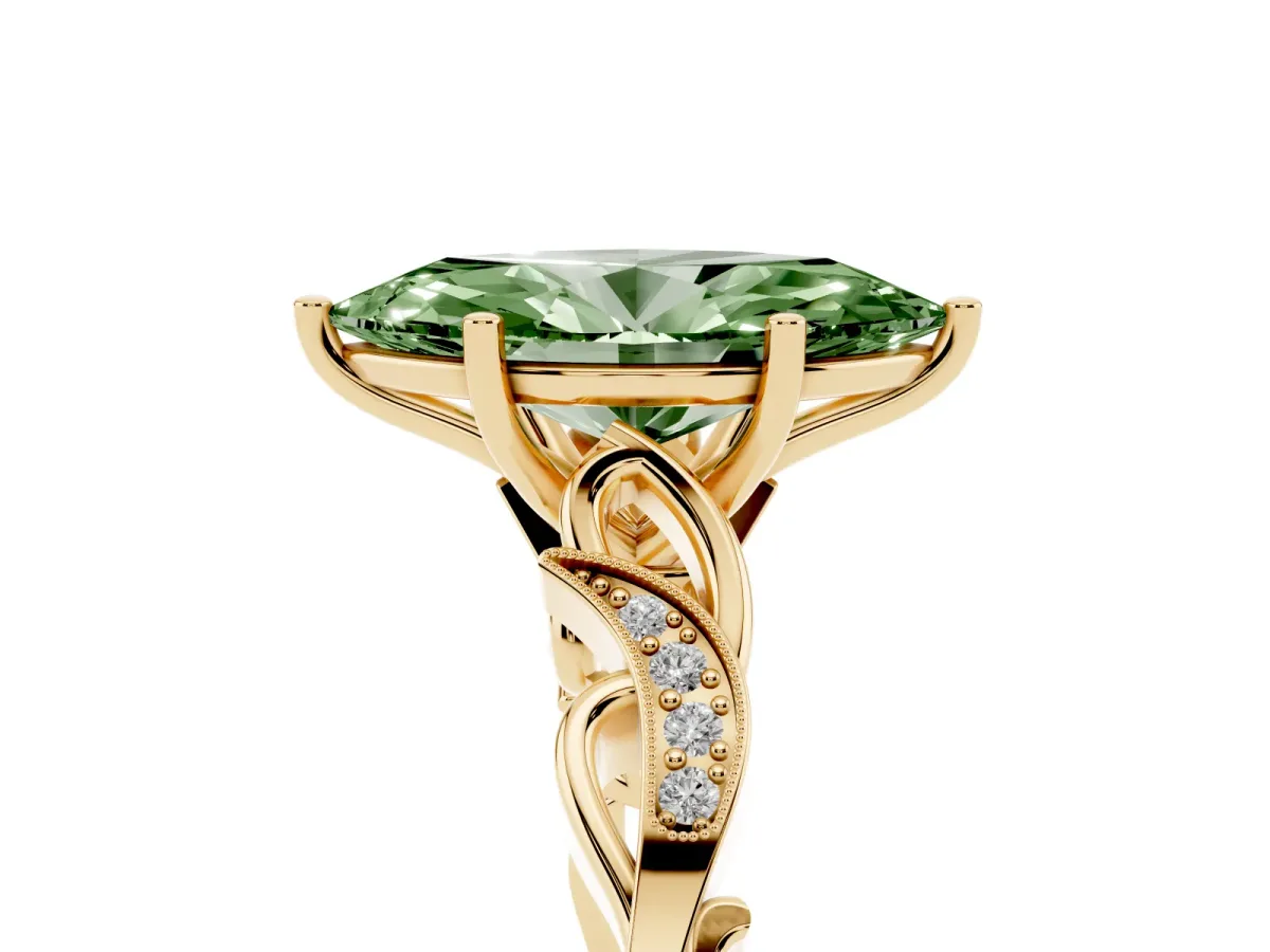 Fancy Green Marquise Cut Solitaire Vine Band with Milgrain Prong Setting Yellow gold