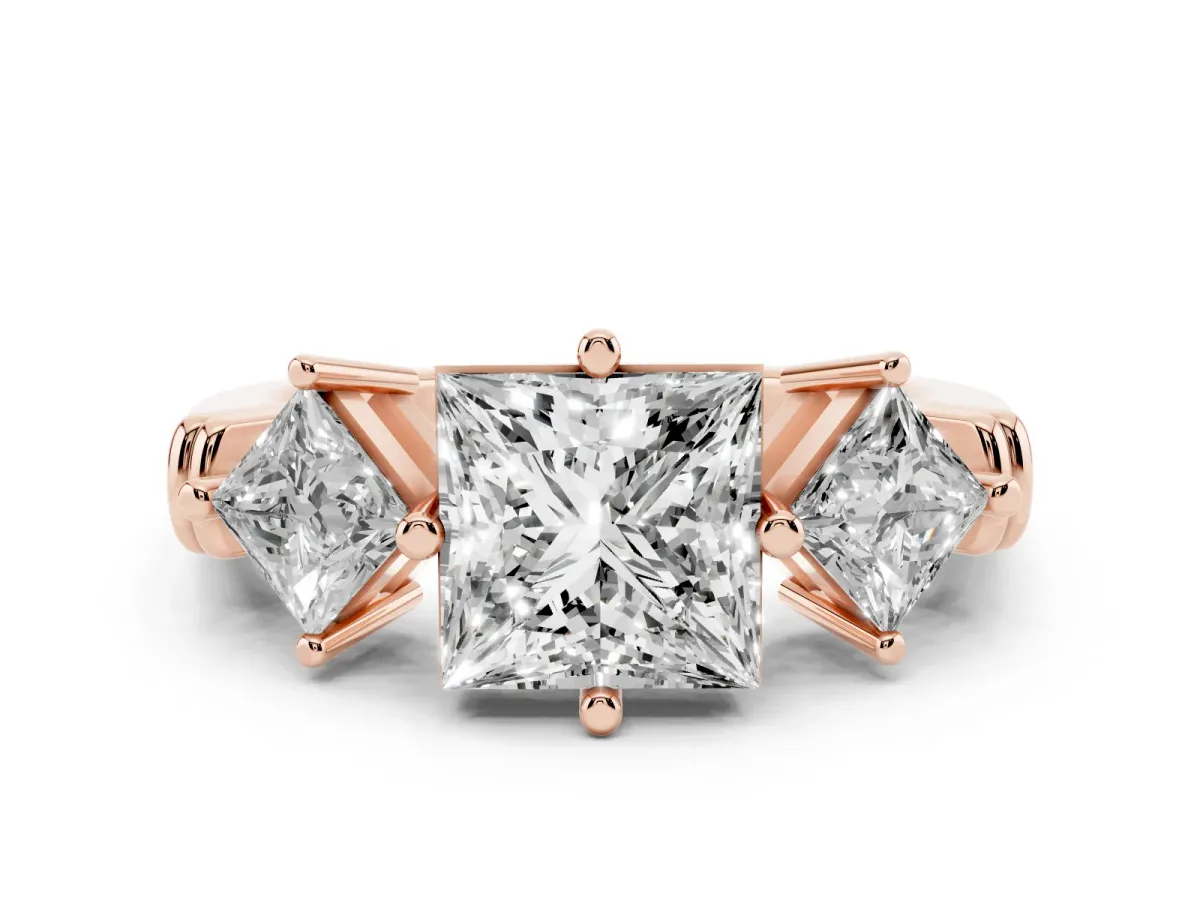 Three-Stone Princess Cut and Princess Cut Diamond Ring with Channel Band and Four-Prong Setting Rose gold