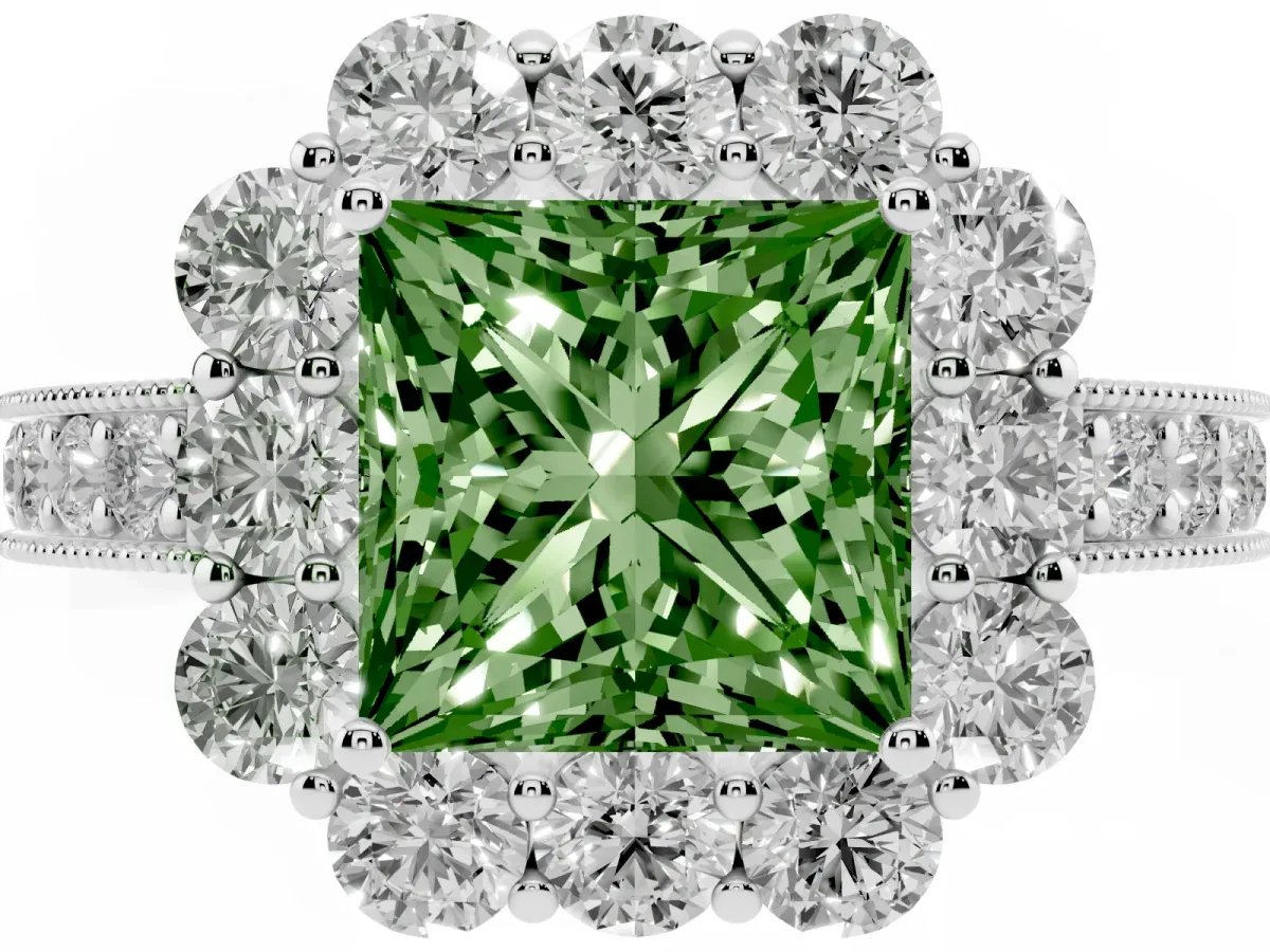 Fancy Green Princess Cut Cut Halo Diamond Pavé Engagement Ring with Milgrain Detailing Silver