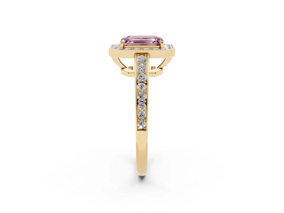 Fancy Pink Emerald Cut Halo Pavé Diamond Engagement Ring with Bezel Setting Yellow gold