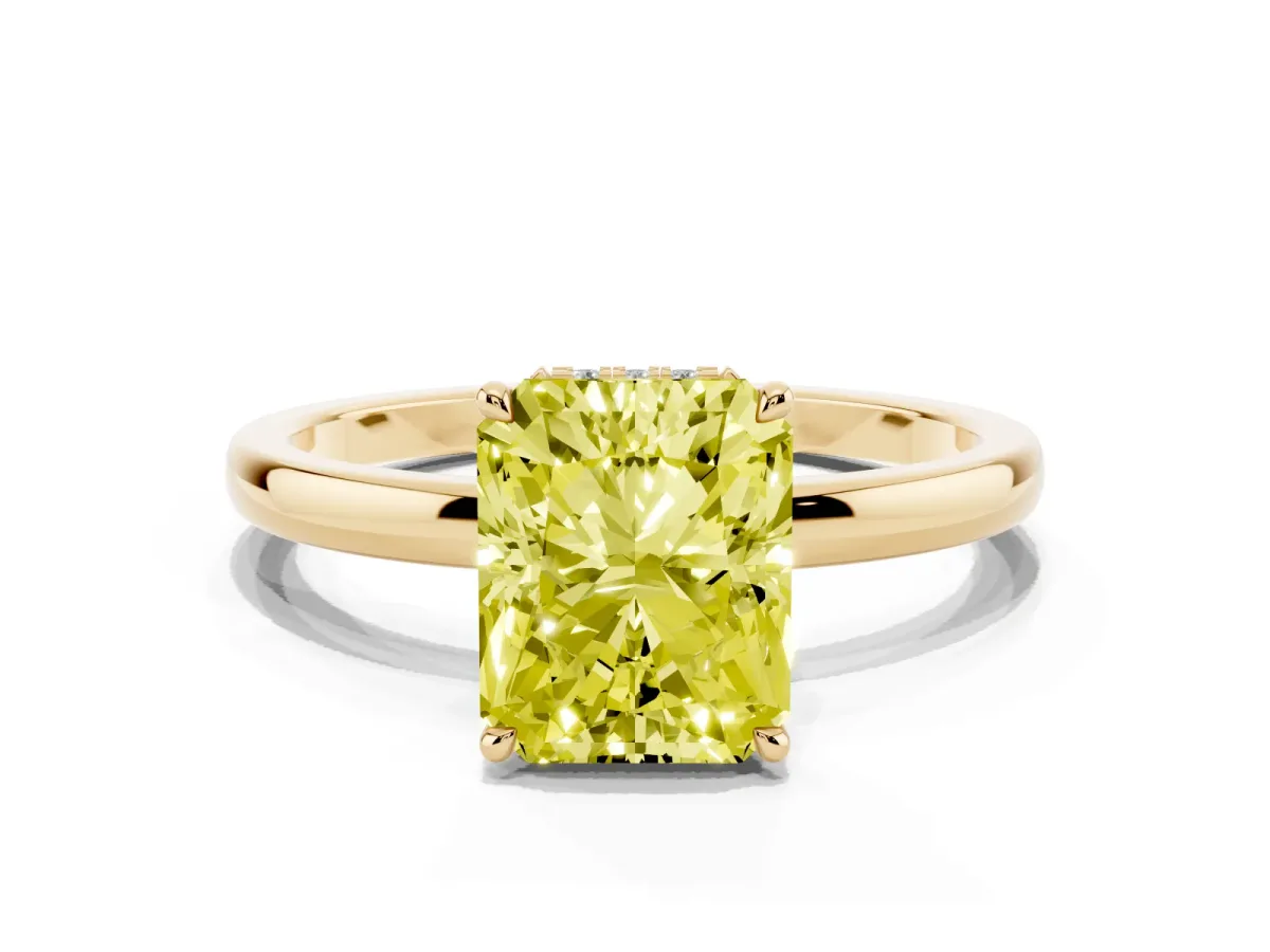 Fancy Yellow Radiant Cut Solitaire Engagement Ring with Cathedral Band and Four-Prong Setting Yellow gold