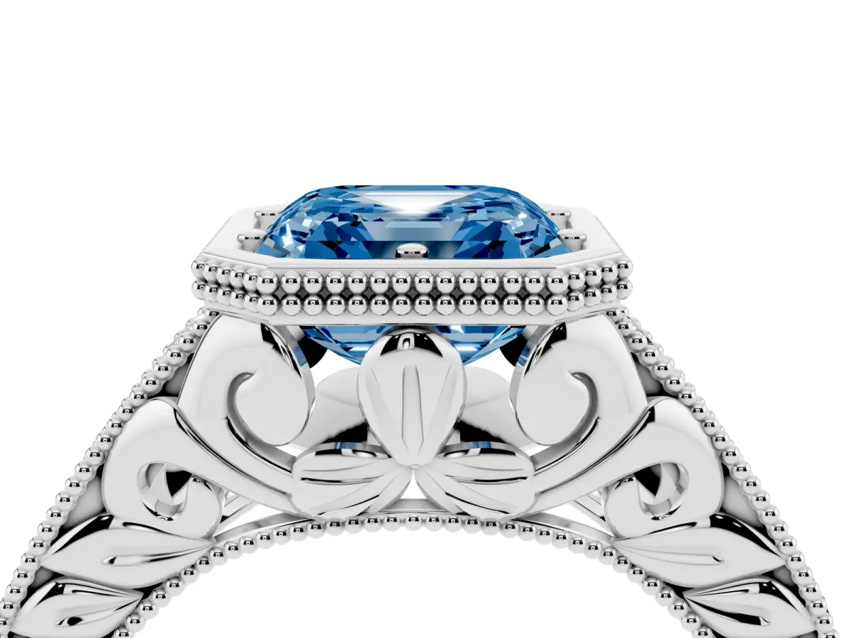Fancy Blue Bezel Set Asscher Cut Diamond Milgrain Pave Engagement Ring White gold