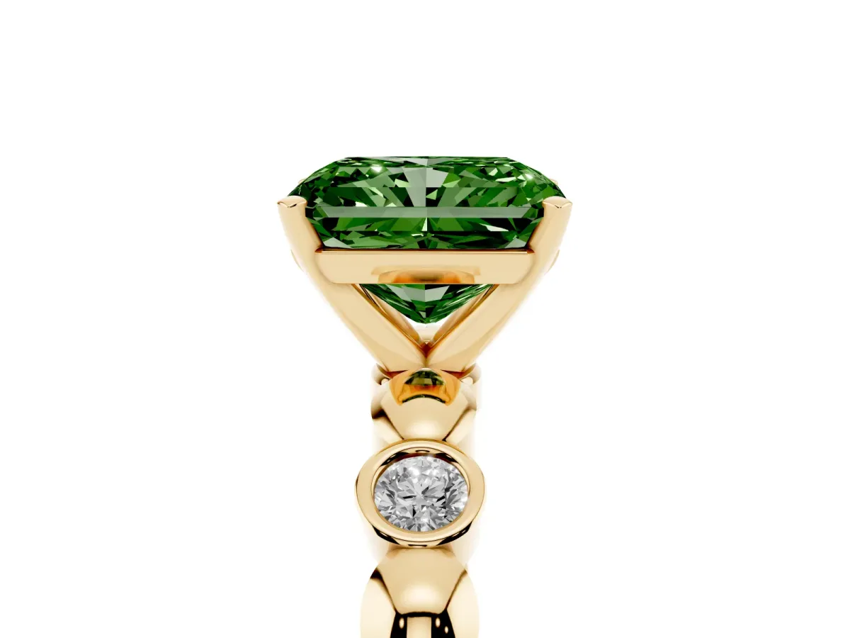 Fancy Green Radiant Cut Solitaire Bezel-Set Diamond Ring with Beaded Band and Four-Prong Setting Yellow gold