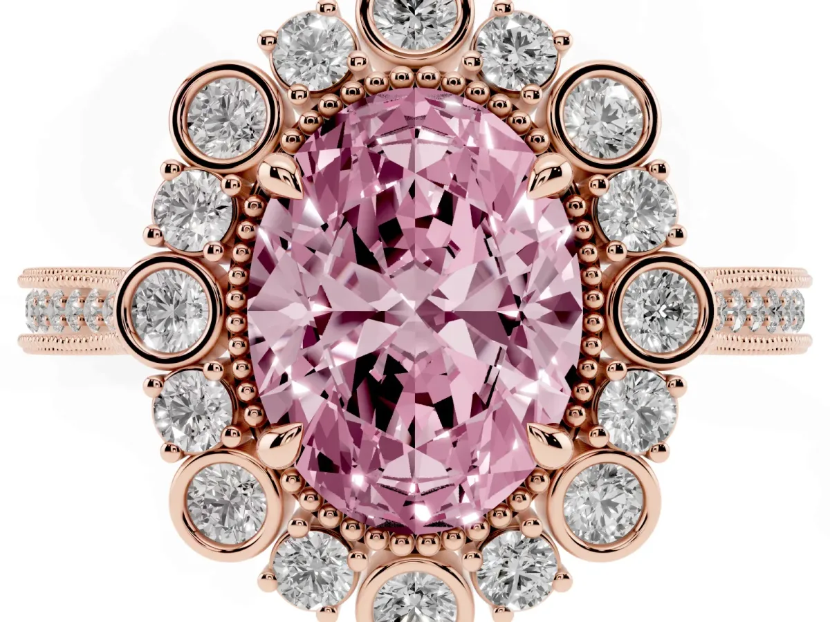 Fancy Pink Oval Cut Halo Milgrain Pave Diamond Ring with Four-Prong Setting Rose gold
