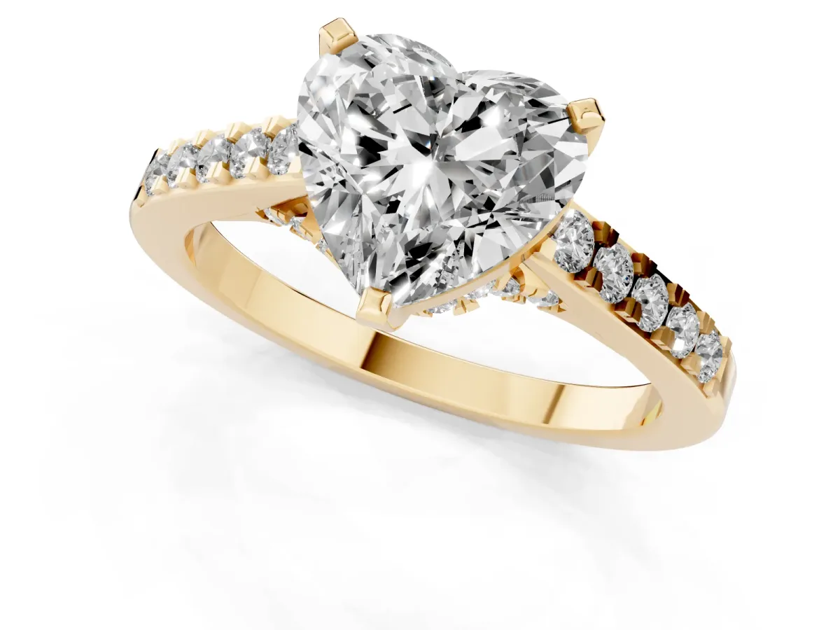 Heart Cut Diamond Solitaire Ring with Crossover Gallery and Round Pavé Band Yellow gold