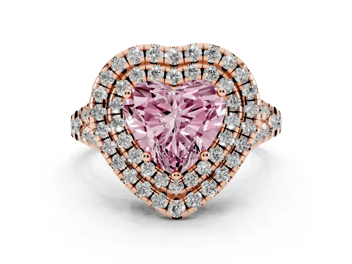 Fancy Pink Double Halo Heart Cut Diamond Pavé Split Shank Ring with Prong Setting Rose gold
