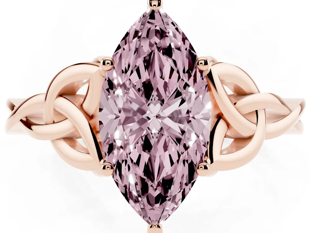 Fancy Pink Marquise Cut Diamond Solitaire Engagement Ring with Celtic Knot Band and Four-Prong Setting Rose gold
