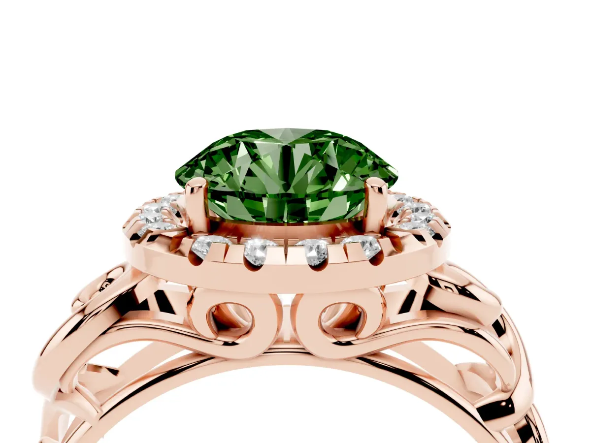 Fancy Green Round Cut Cut Halo Diamond Ring with Scrollwork Band and Four-Prong Setting Rose gold
